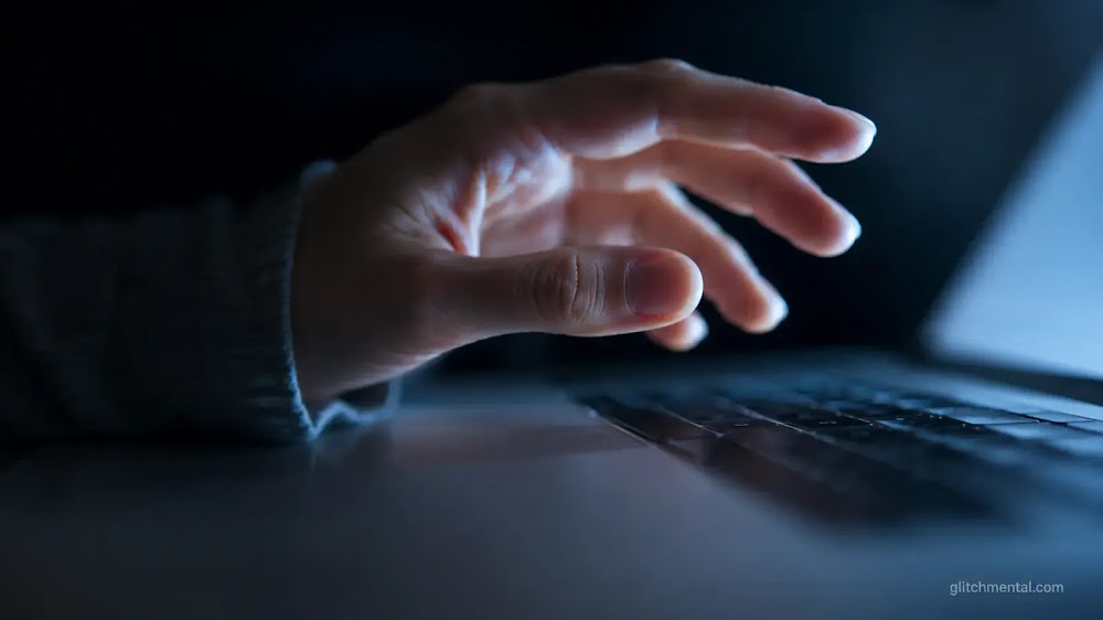 Antropomorfismo IA: mano suspendida sobre teclado, luz de pantalla sin devolver calidez
