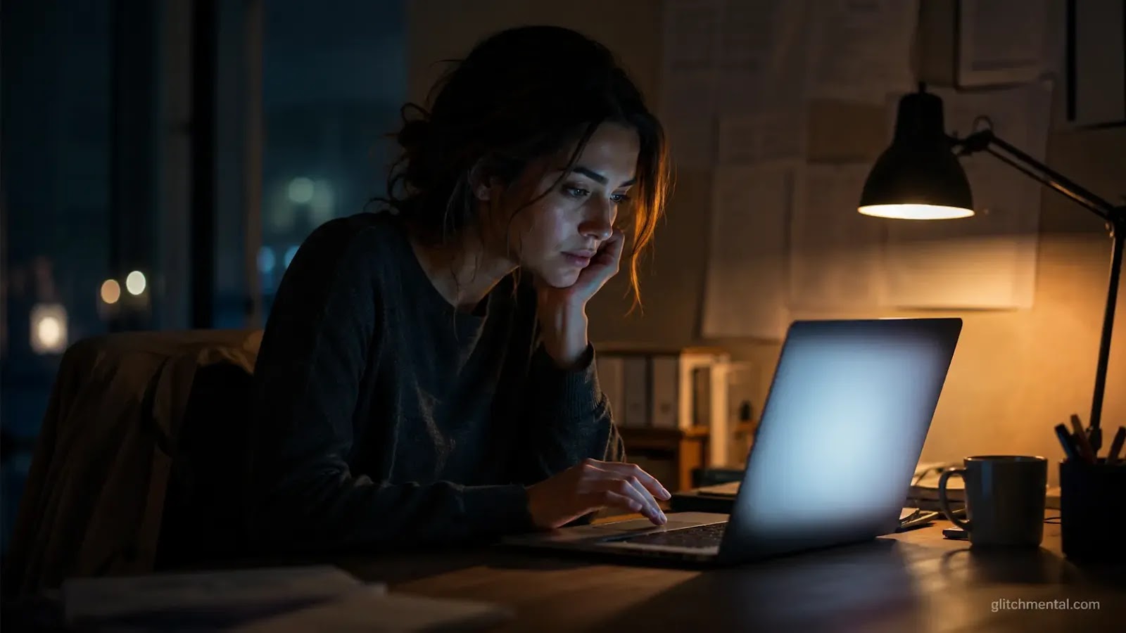 Antropomorfismo IA: mujer confía secreto a chat cuya luz no le devuelve nada, escritorio nocturno