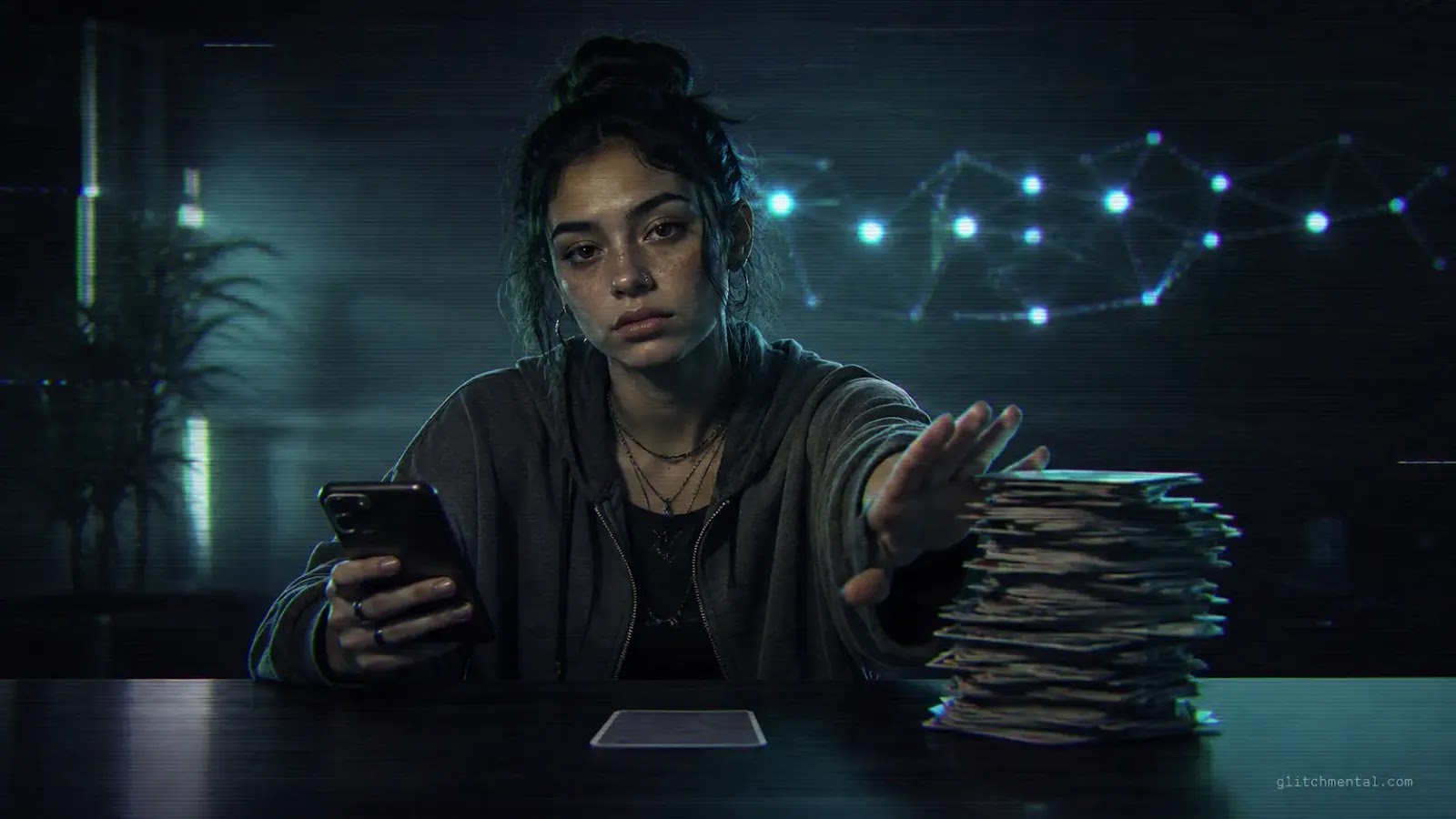 Gen Z apps de citas 2026: mujer empujando pila de tarjetas de perfil sobre mesa con red de nodos en fondo