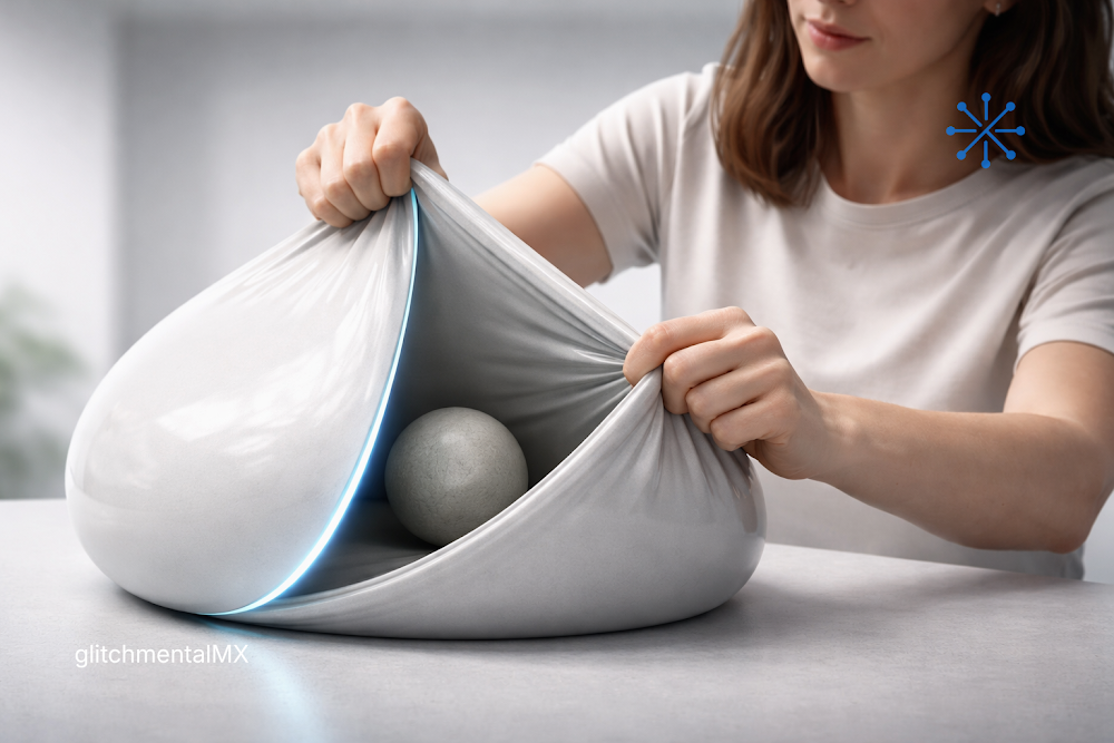 El glosario: bolsa flexible revela objeto interno oculto como metáfora de significado encapsulado