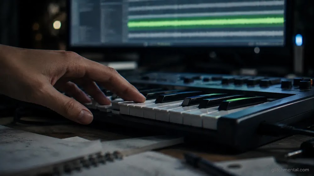 ync licensing IA: mano sobre teclado MIDI pausada con interfaz de producción musical fuera de foco al fondo