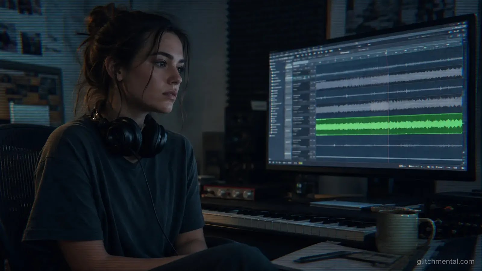 sync licensing IA: compositora con auriculares en estudio personal mirando sesión con pista generada entre composiciones propias