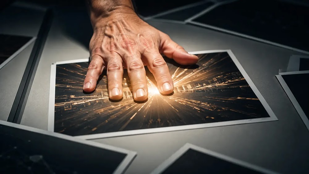 Big Tech tendencias tecnológicas: mano sobre ficha seleccionada bajo luz directa, fichas rechazadas en sombra al borde del encuadre