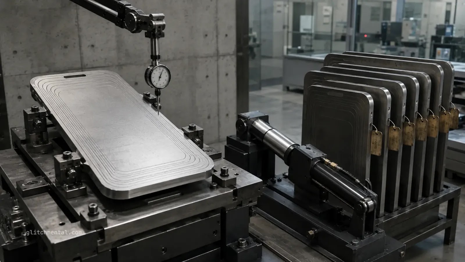 Placa metálica con forma de smartphone en banco de calibración industrial, mientras versiones casi idénticas revelan innovación estancada.
