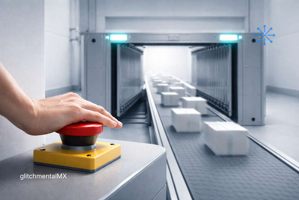El problema del control humano en IA autónoma: botón de emergencia presionado mientras cajas siguen avanzando en cinta