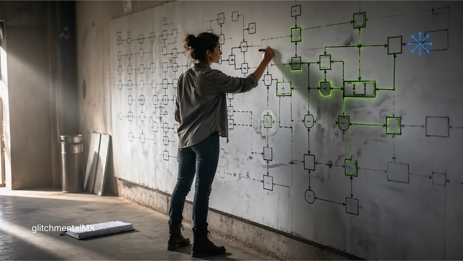 El Prompt Engineer murió: mujer dibuja flujo de procesos en pared con nodos conectados