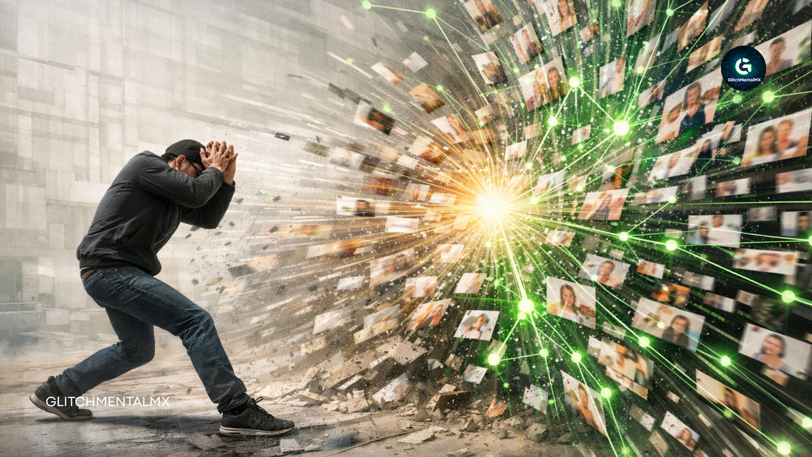 El slop content está destruyendo tu alcance en redes: hombre cubriéndose ante explosión de perfiles digitales