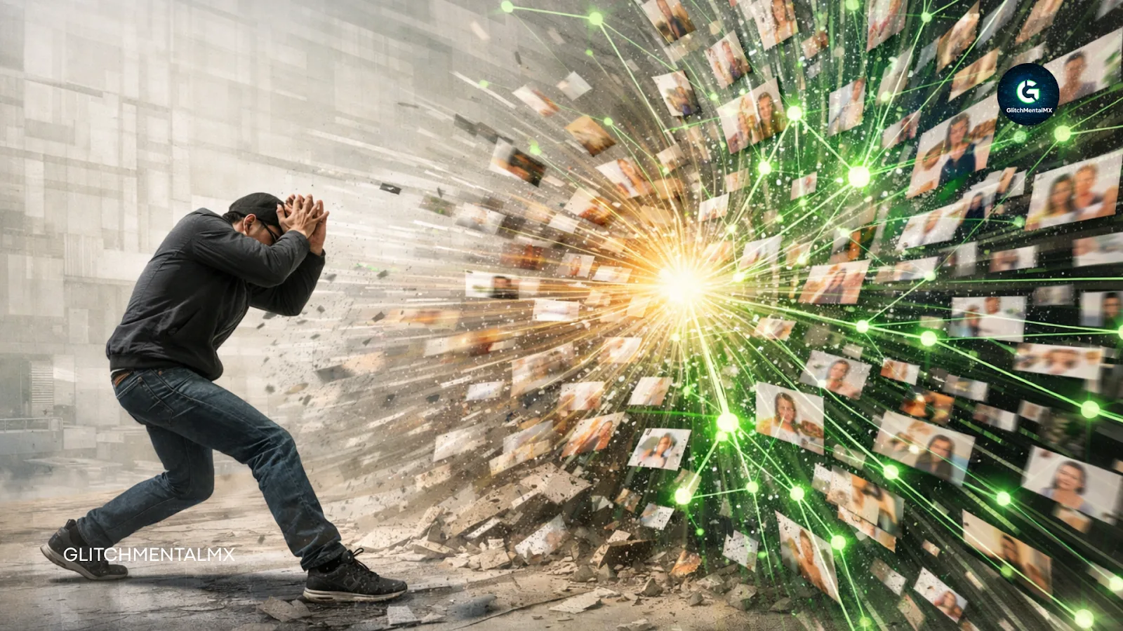 El slop content está destruyendo tu alcance en redes: hombre cubriéndose ante explosión de perfiles digitales