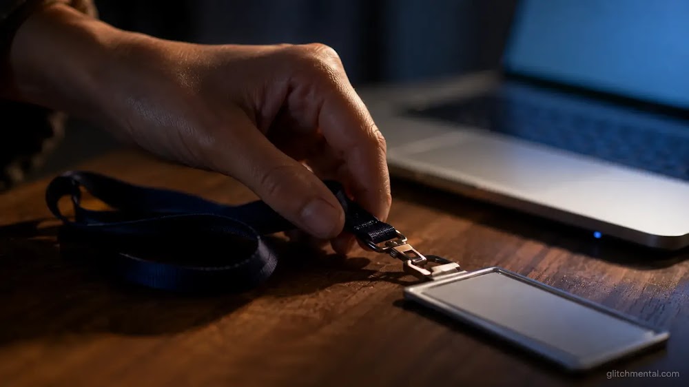Mechanical Turk cierre 2026: mano suelta gafete de trabajador anónimo junto a laptop apagándose