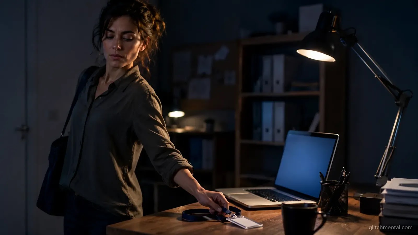 Mechanical Turk cierre 2026: mujer se quita gafete de trabajador anónimo junto a laptop apagándose