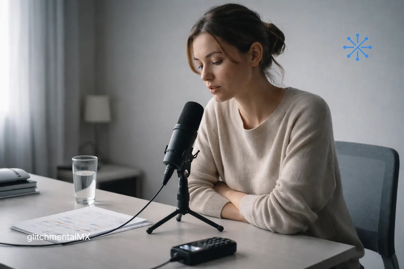 enseñar a la IA a sonar humana: mujer grabando voz con micrófono para entrenamiento de modelos