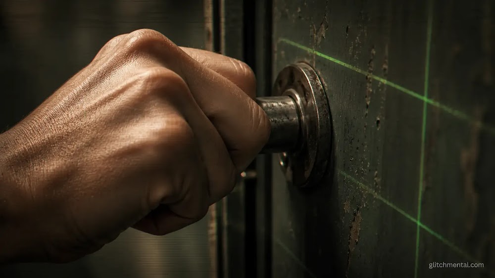 Lock-in ecosistemas cerrados: mano sobre manija de puerta con líneas de contención en la superficie, primer plano