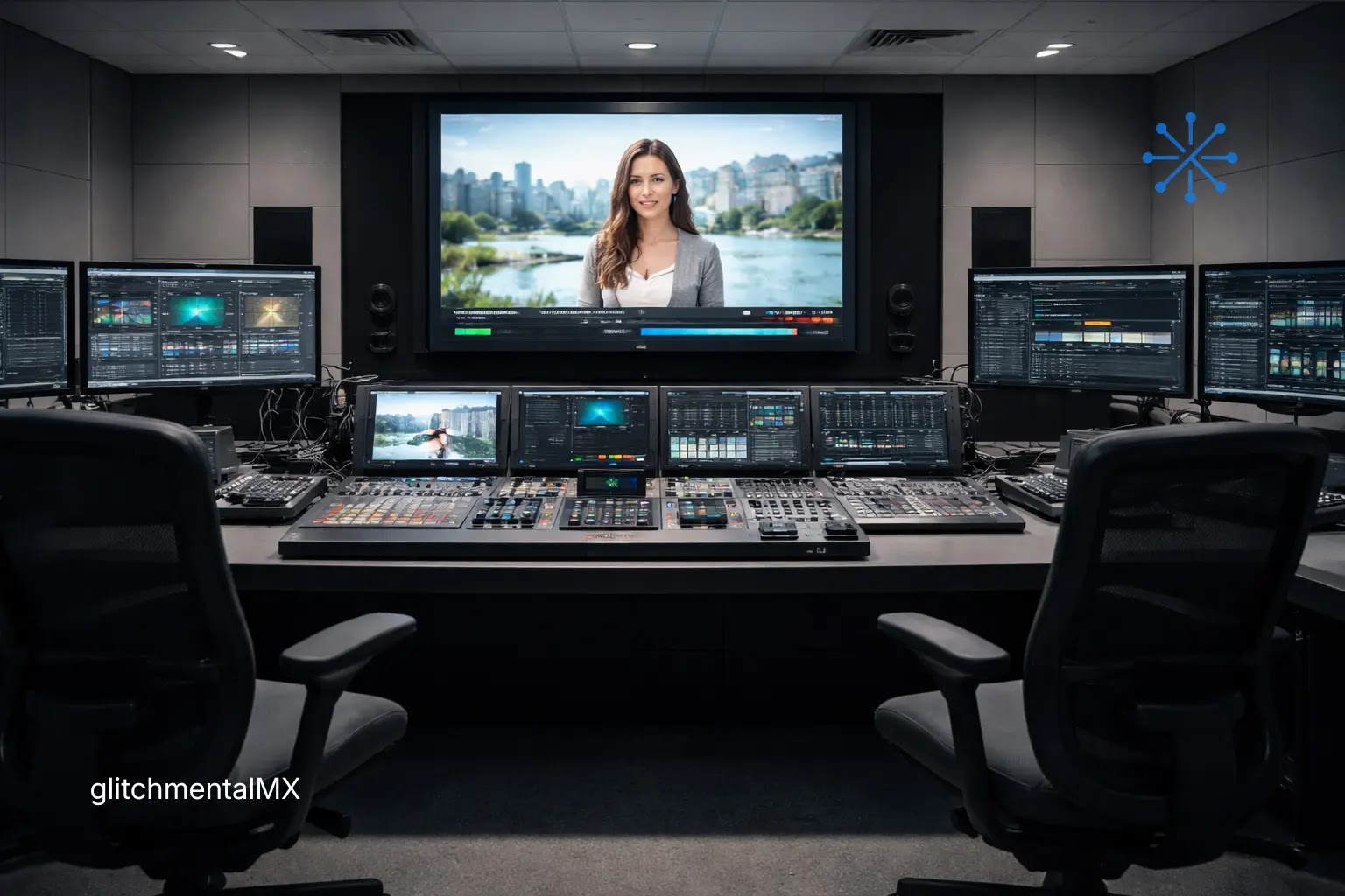 video generado por IA: sala de control con múltiples pantallas editando video automatizado