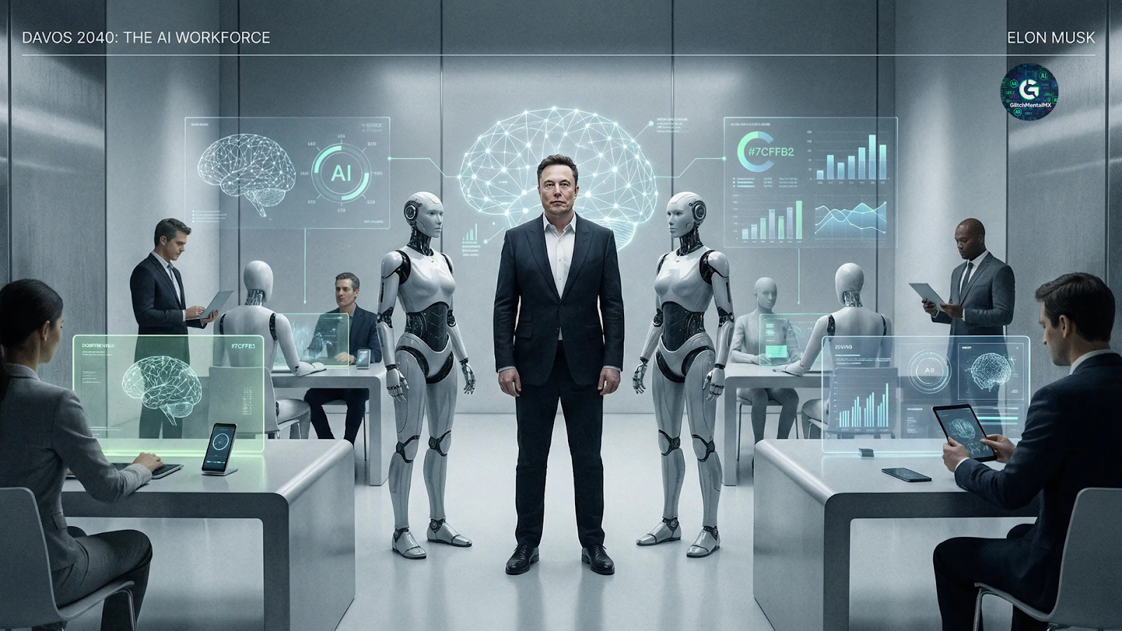 IA workforce 2026: sala de juntas futurista con robots humanoides, Elon Musk al centro y ejecutivos analizando datos de inteligencia artificial