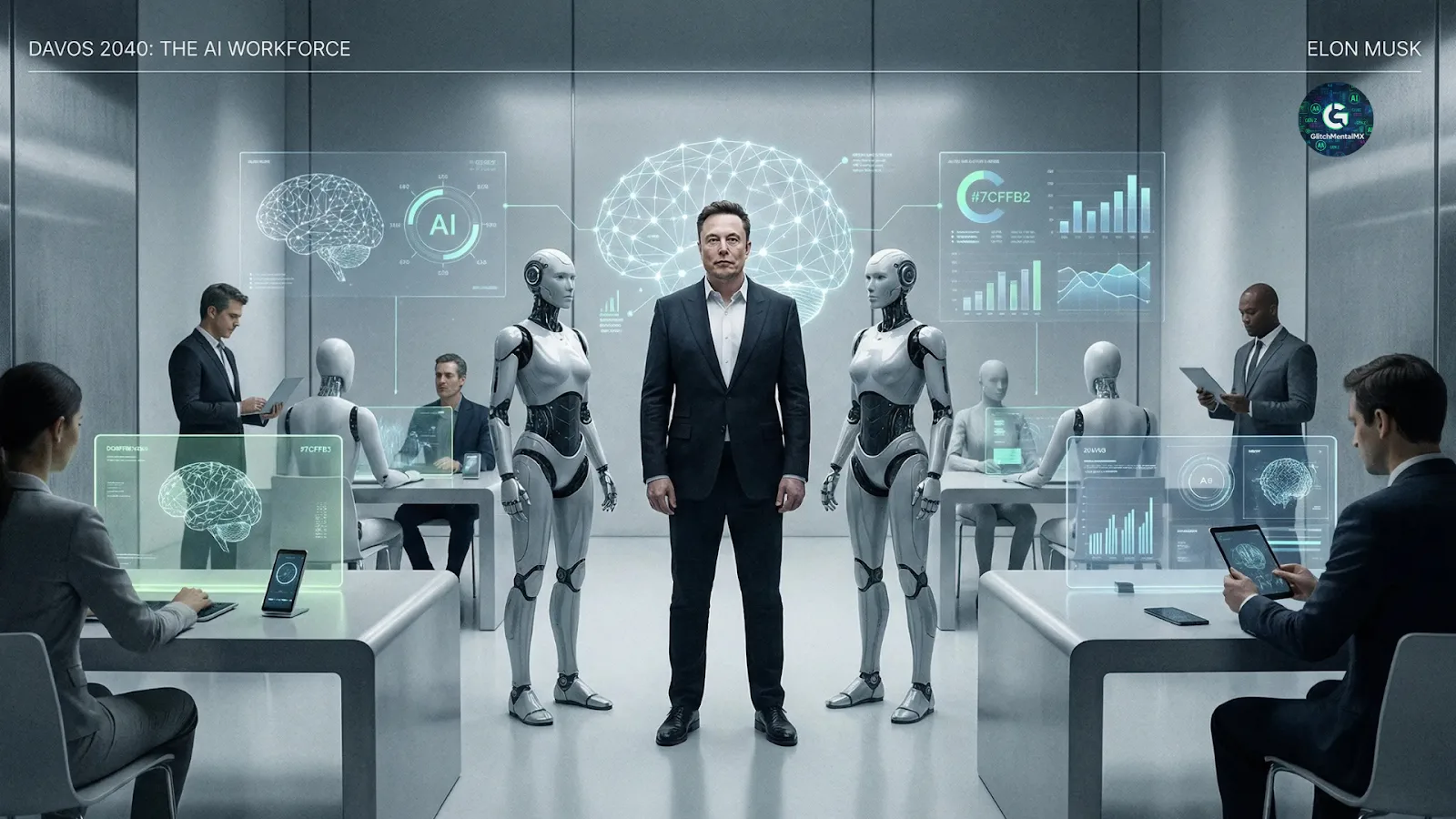 IA workforce 2026: sala de juntas futurista con robots humanoides, Elon Musk al centro y ejecutivos analizando datos de inteligencia artificial