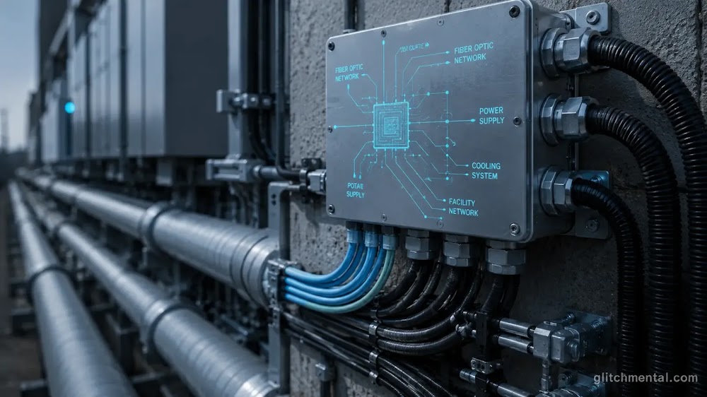 Conductos de fibra óptica y energía entrando a un centro de datos del Estado de México, infraestructura que sostiene la nube de CDMX