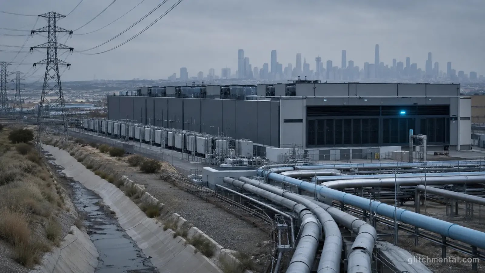Centro de datos con líneas de energía y tuberías de agua convergiendo hacia la instalación, con el perfil de la Ciudad de México al fondo