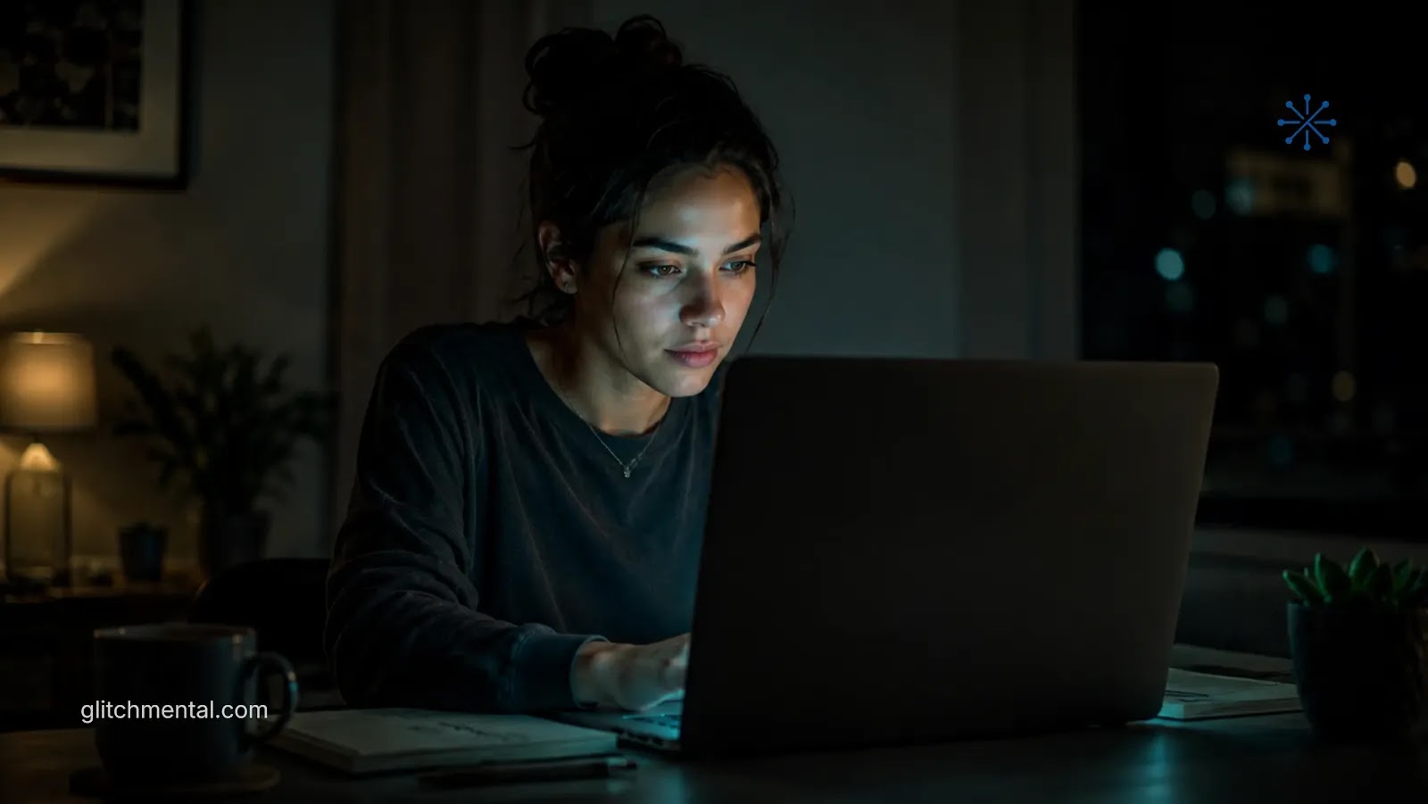 bots internet: mujer usa laptop de noche durante conversación digital