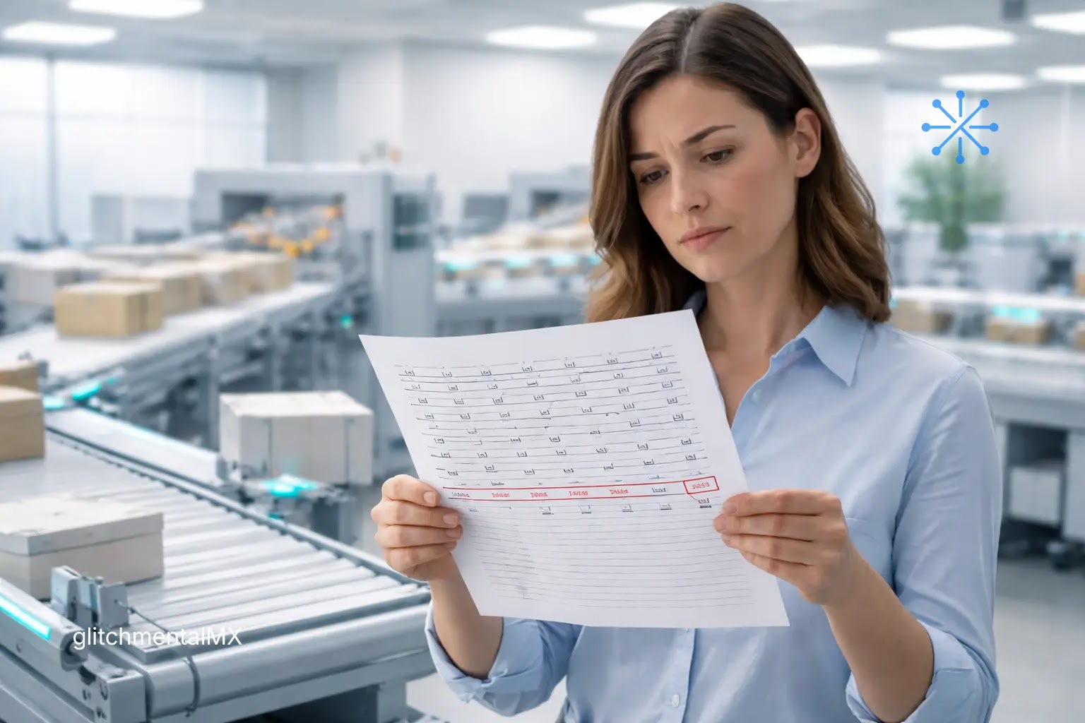 evaluación IA MIT: mujer revisa hoja de resultados frente a línea automatizada de producción
