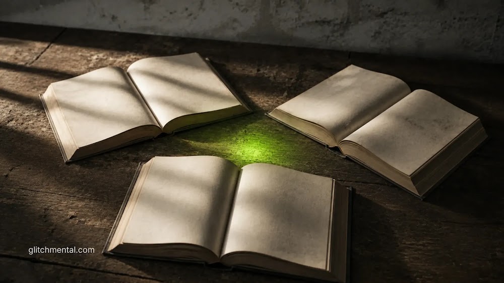 Ética de la IA: libros abiertos alrededor de un punto de decisión iluminado