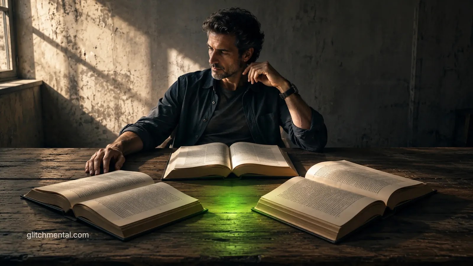 Ética de la IA: investigador analiza libros abiertos ante un punto de decisión iluminado