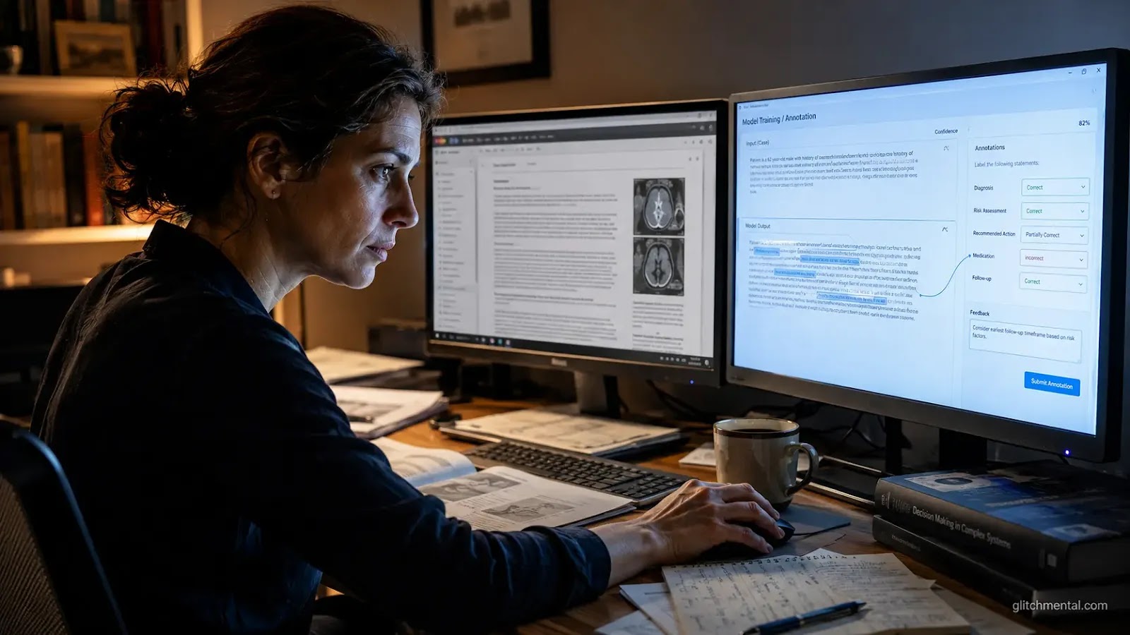 Expertos entrenando IA: mujer de cuarenta años anotando interfaz en pantalla fría, pantalla cálida con expedientes propios al lado