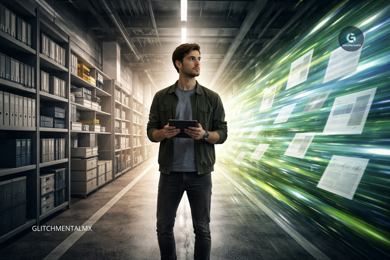 fastvertising y GEO: archivos físicos frente a flujo de páginas digitales aceleradas saliendo de un servidor de documentos