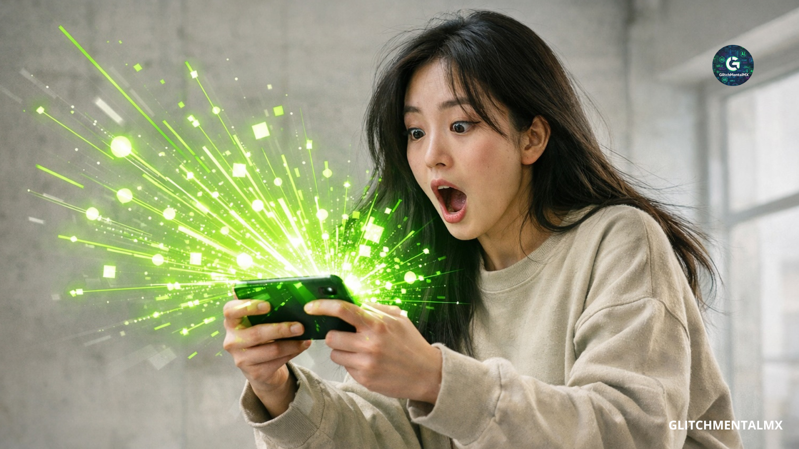 Tendencias Redes Sociales: Mujer sorprendida por explosión de luz digital saliendo de smartphone moderno.