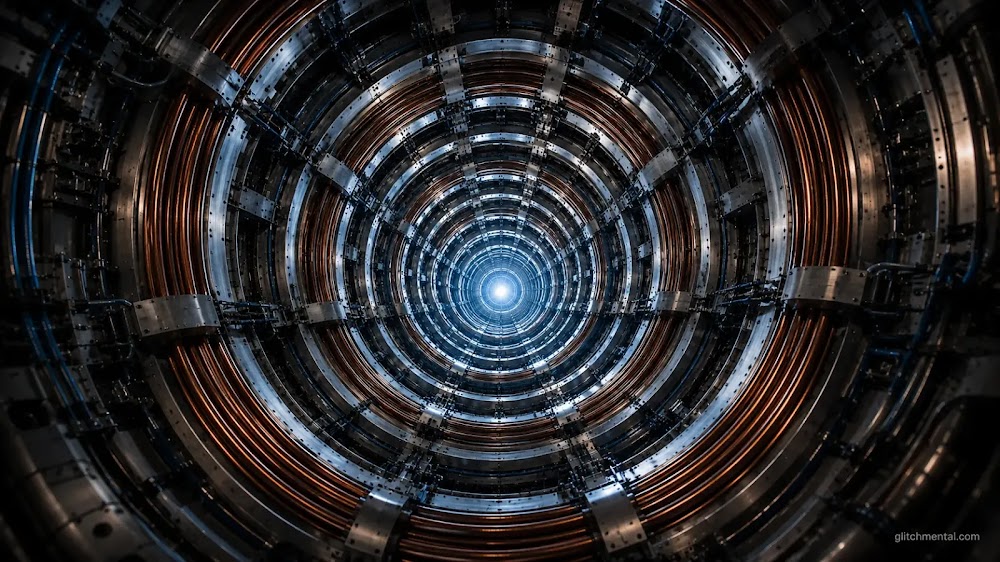 fusión nuclear: interior de cámara toroidal de tokamak con anillos concéntricos de acero y resplandor electromagnético en punto de fuga