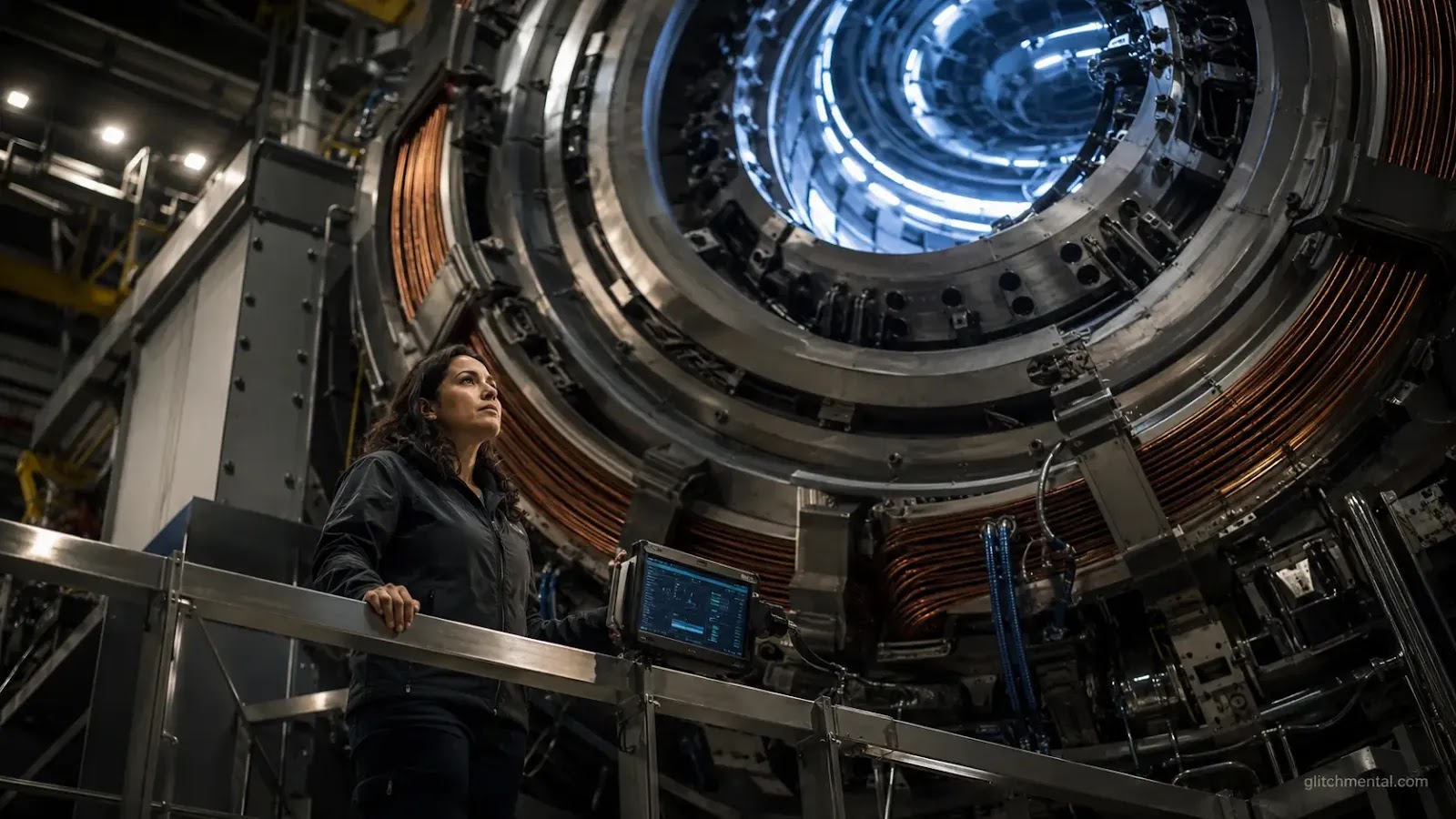 fusión nuclear: ingeniera en pasarela interior de tokamak con panel de IA en instalación de escala monumental
