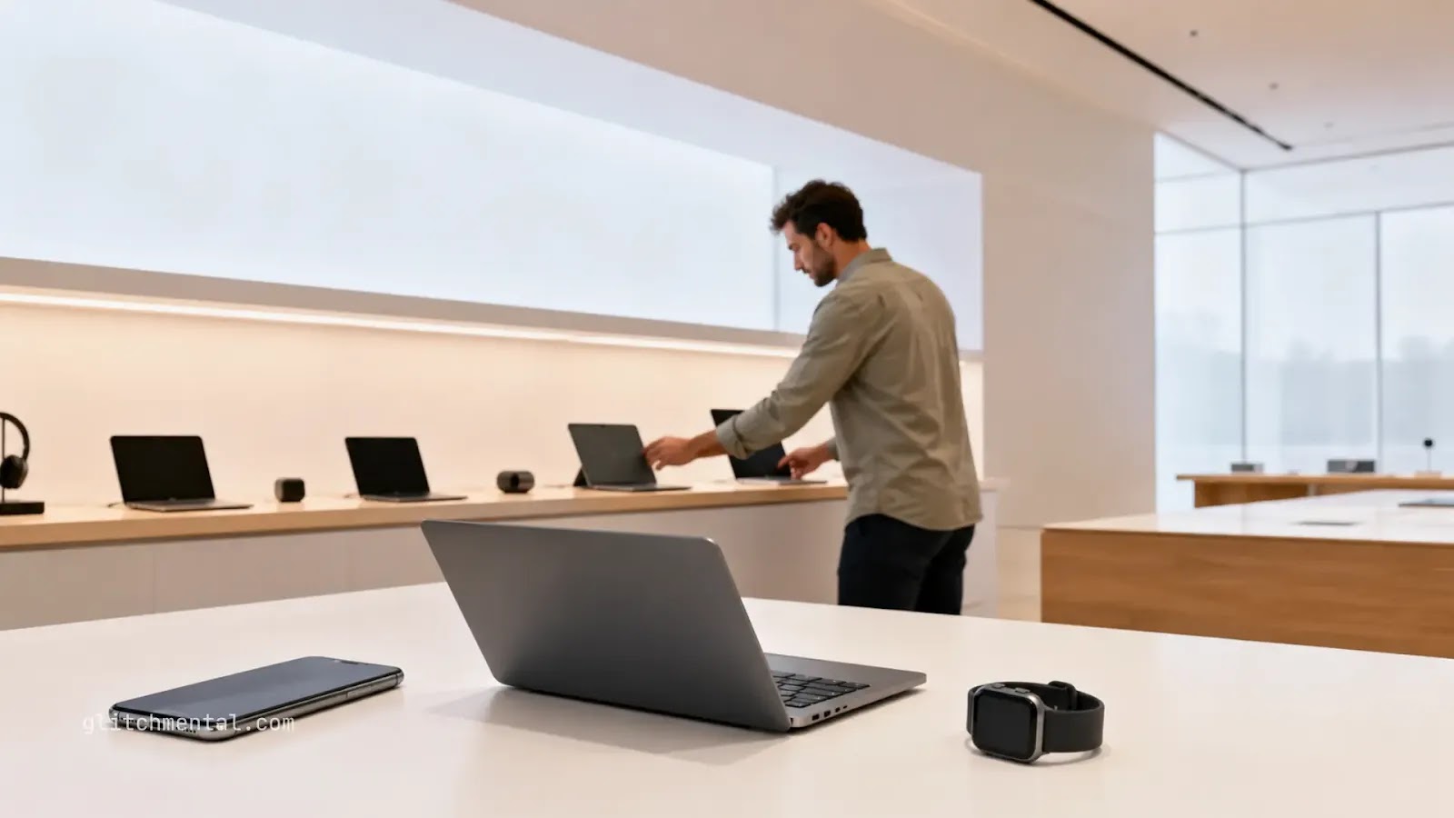 Gadgets 2026: portátil abierto sobre mesa en showroom minimalista con smartwatch y usuario ajustando equipos