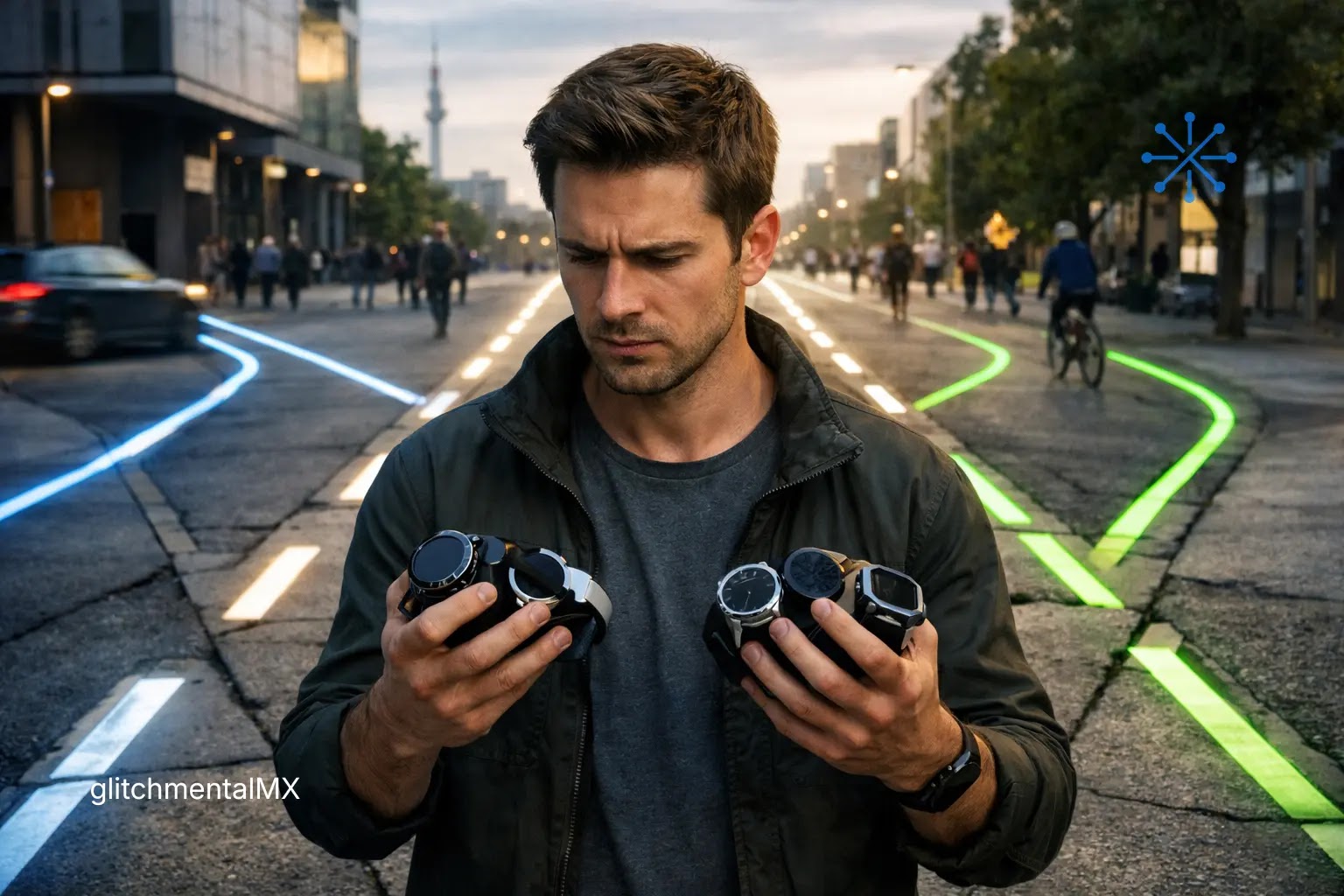 Garmin 2026 wearables: hombre comparando varios relojes inteligentes en cruce con rutas digitales divergentes