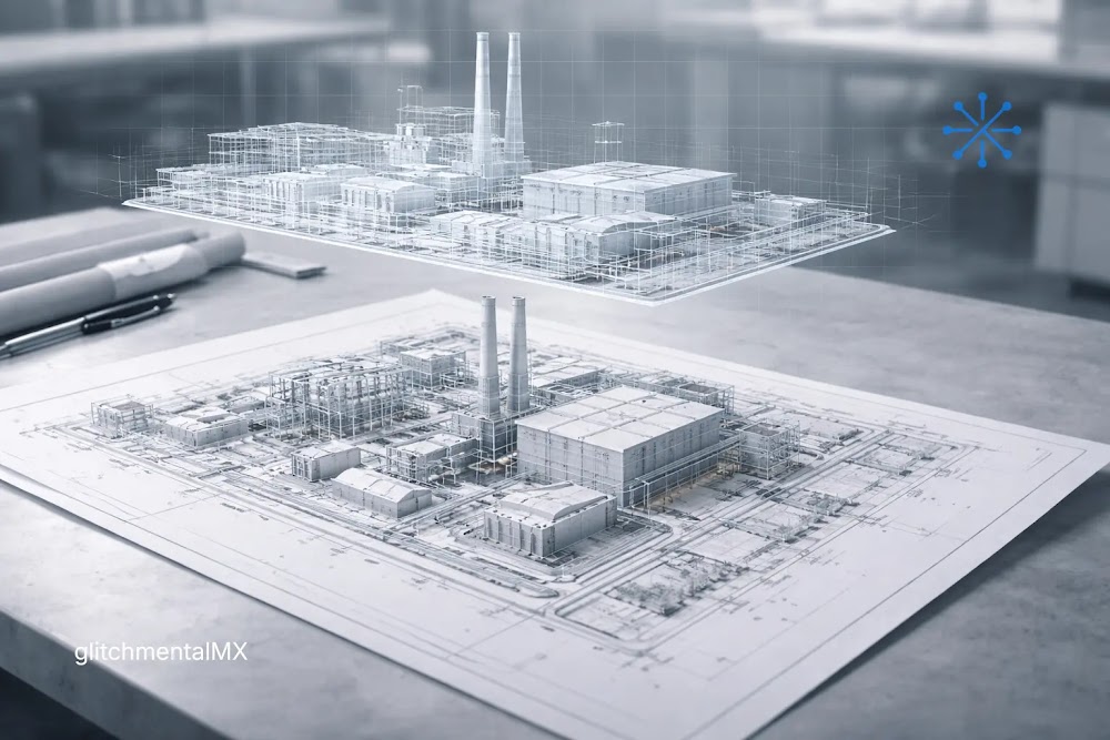 Gemelos digitales: plano industrial con réplica virtual superpuesta de planta en diseño