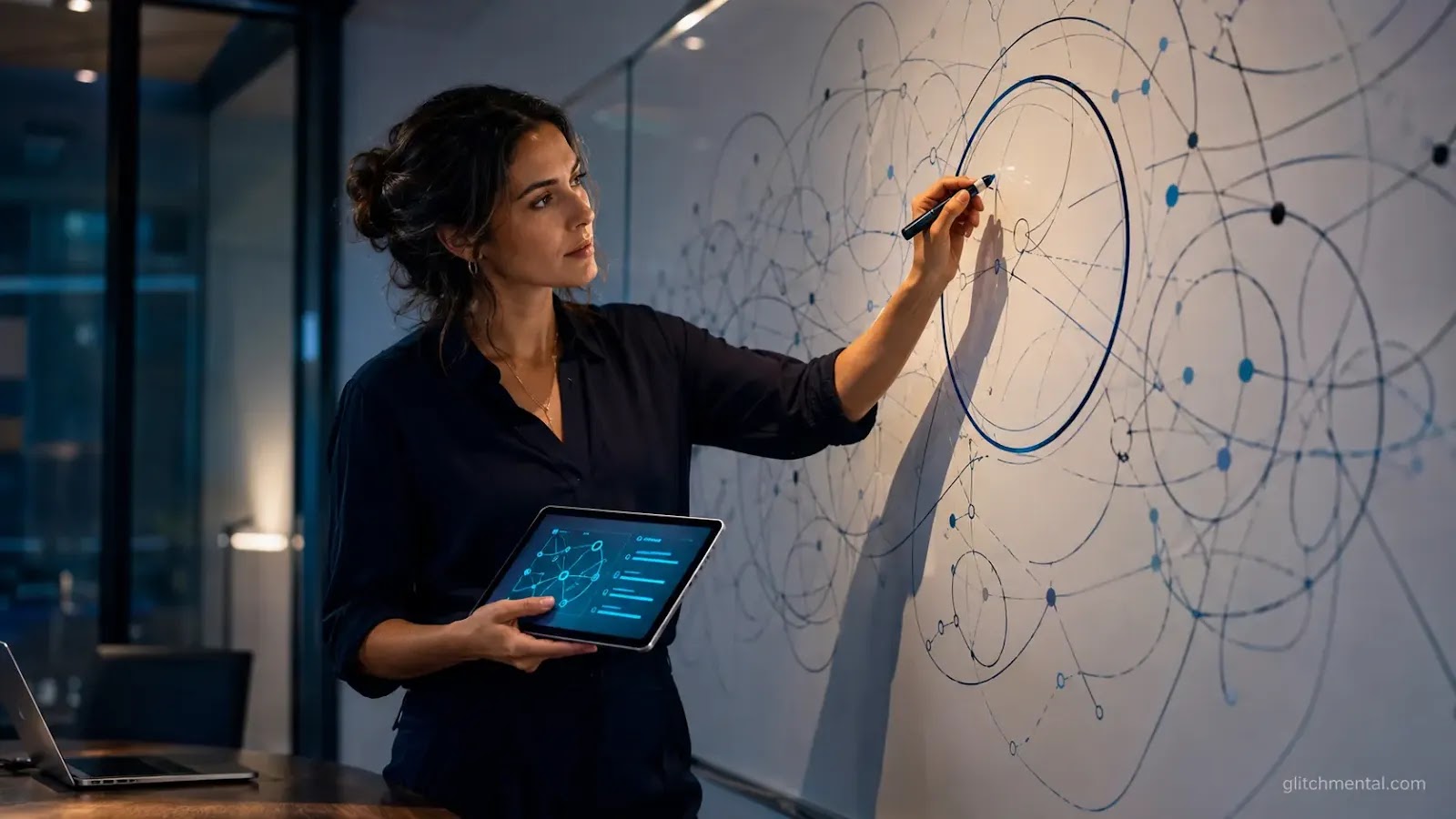 Gemini 3 Google guía 2026: mujer traza círculo en pizarrón para organizar diagrama de IA complejo