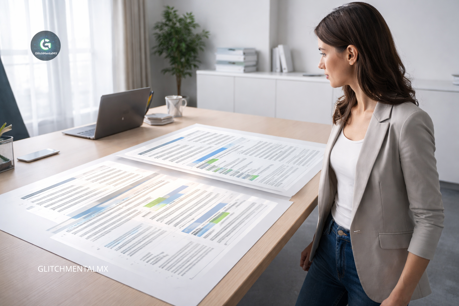Gemini en Docs y Sheets: profesional revisa grandes documentos analíticos en mesa de trabajo digital