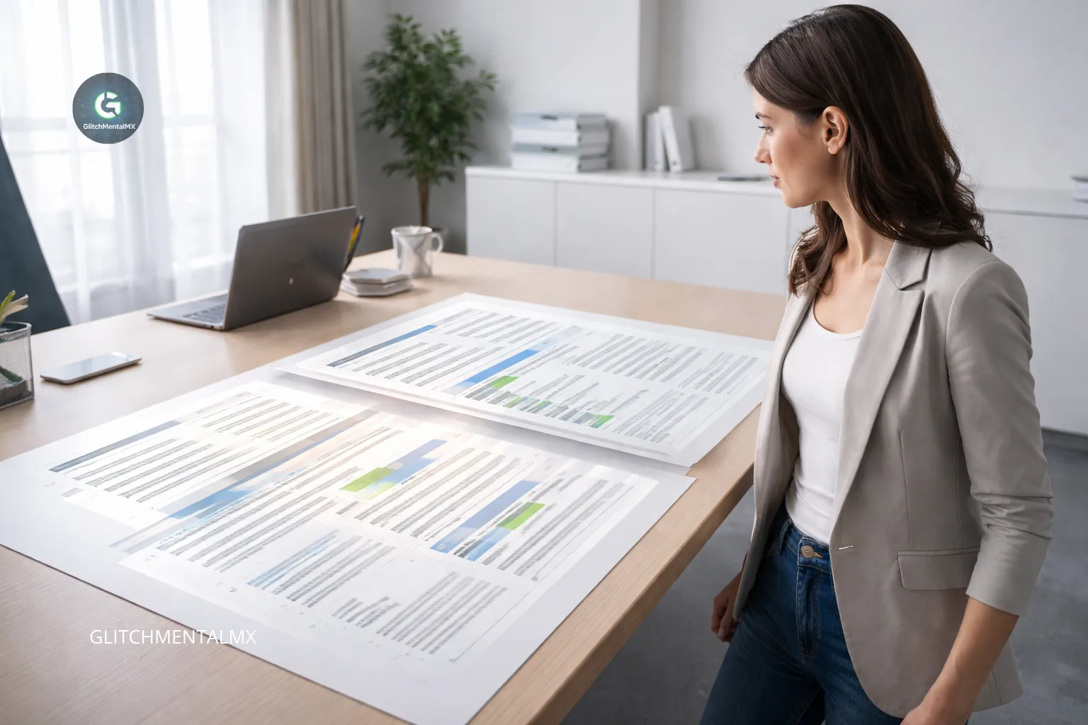 Gemini en Docs y Sheets: profesional revisa grandes documentos analíticos en mesa de trabajo digital