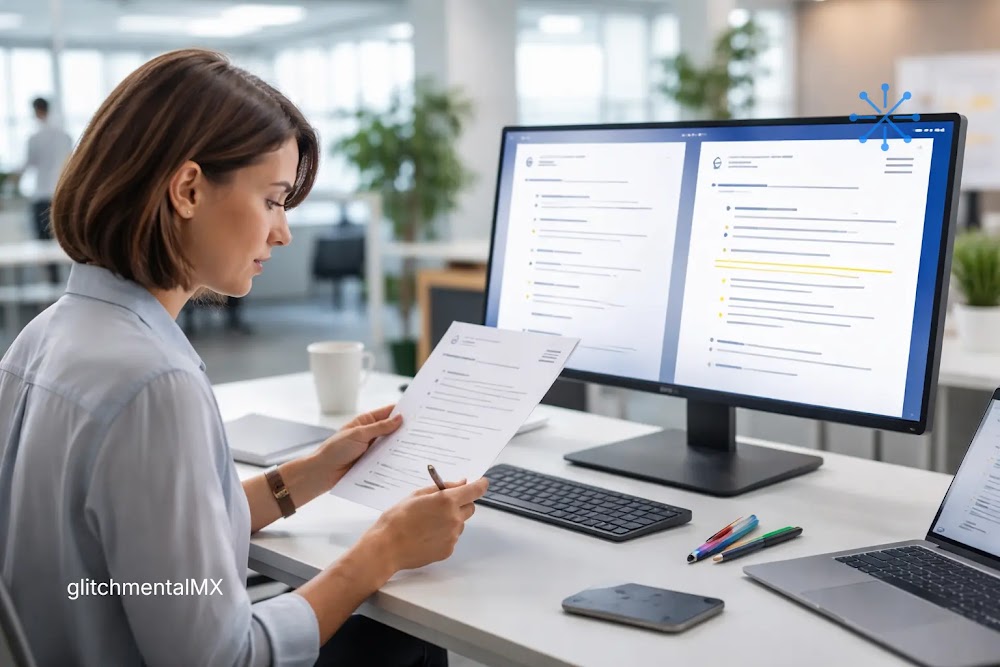 Gemini en Google Workspace: mujer revisa documento impreso frente a pantalla con sugerencias generadas por IA