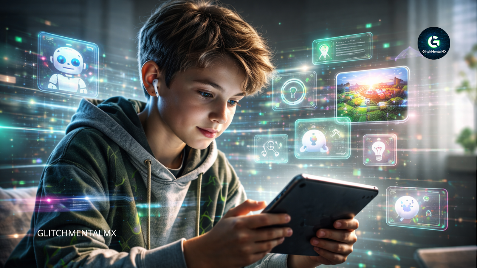 Gen Z y tecnología: adolescente usando tablet con interfaces de apps educativas y asistentes digitales flotantes