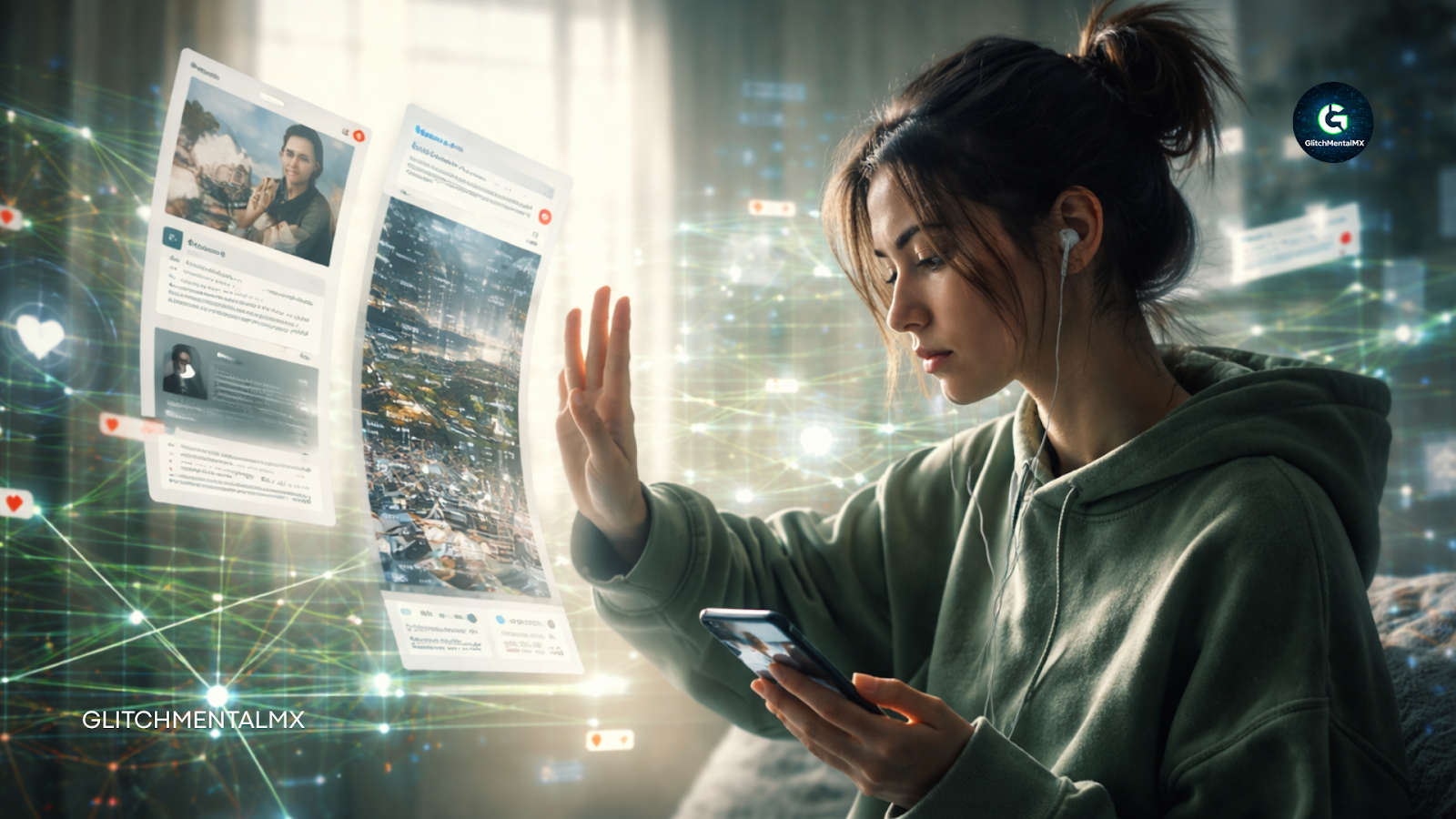 Gen Z abandona el scroll infinito: joven deteniendo feed holográfico desde smartphone