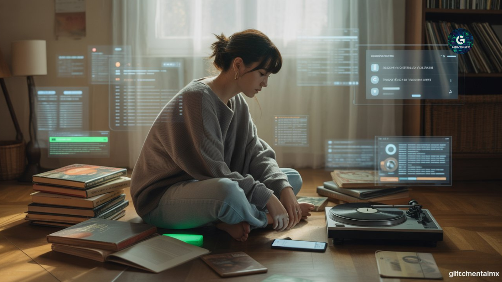 Cultura Digital Gen Z: Mujer rodeada de interfaces holográficas y libros en ambiente retro-tecnológico.