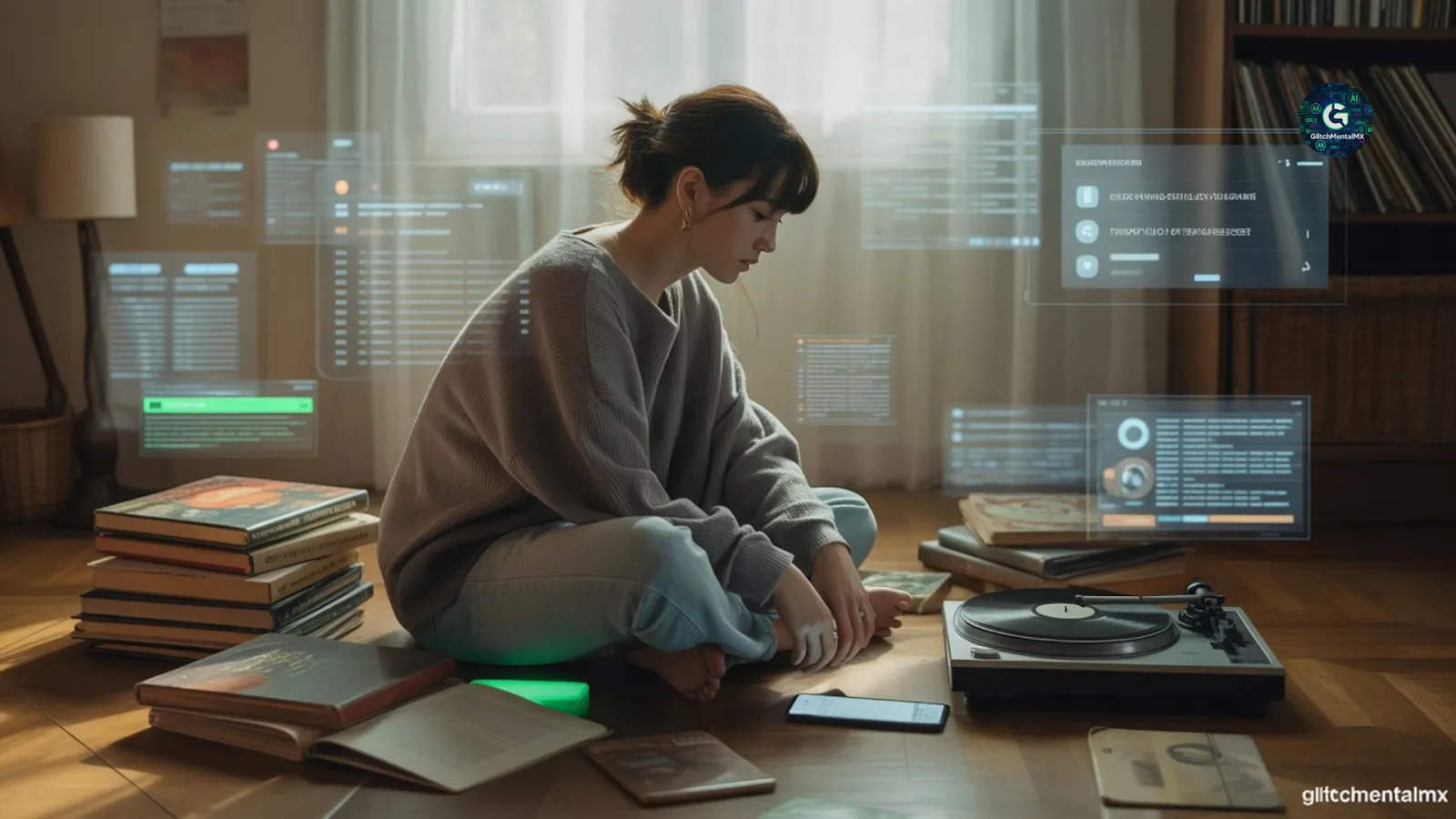 Cultura Digital Gen Z: Mujer rodeada de interfaces holográficas y libros en ambiente retro-tecnológico.