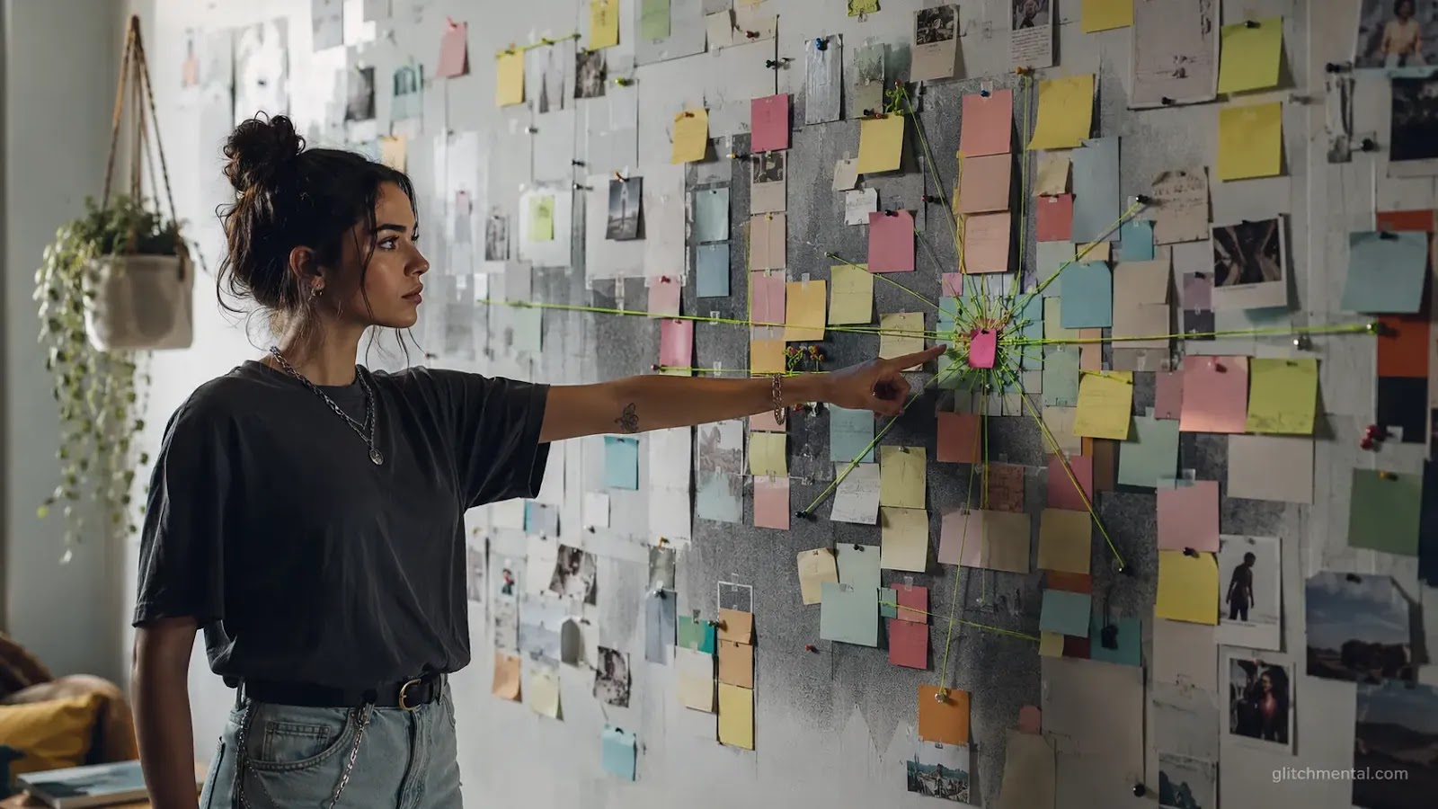 Gen Z calendario hype 2026: mujer señalando pared cubierta de notas conectadas con hilo, iluminación lateral cinematográfica