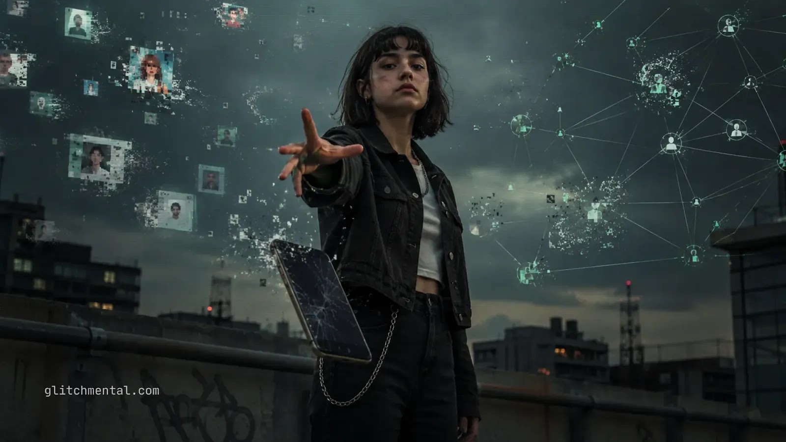 Gen Z elimina redes sociales: joven extendiendo la mano mientras perfiles digitales y un móvil se desintegran