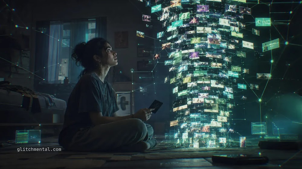 Gen Z en 2026: joven con smartphone ante torre de videos flotantes conectados por una red digital