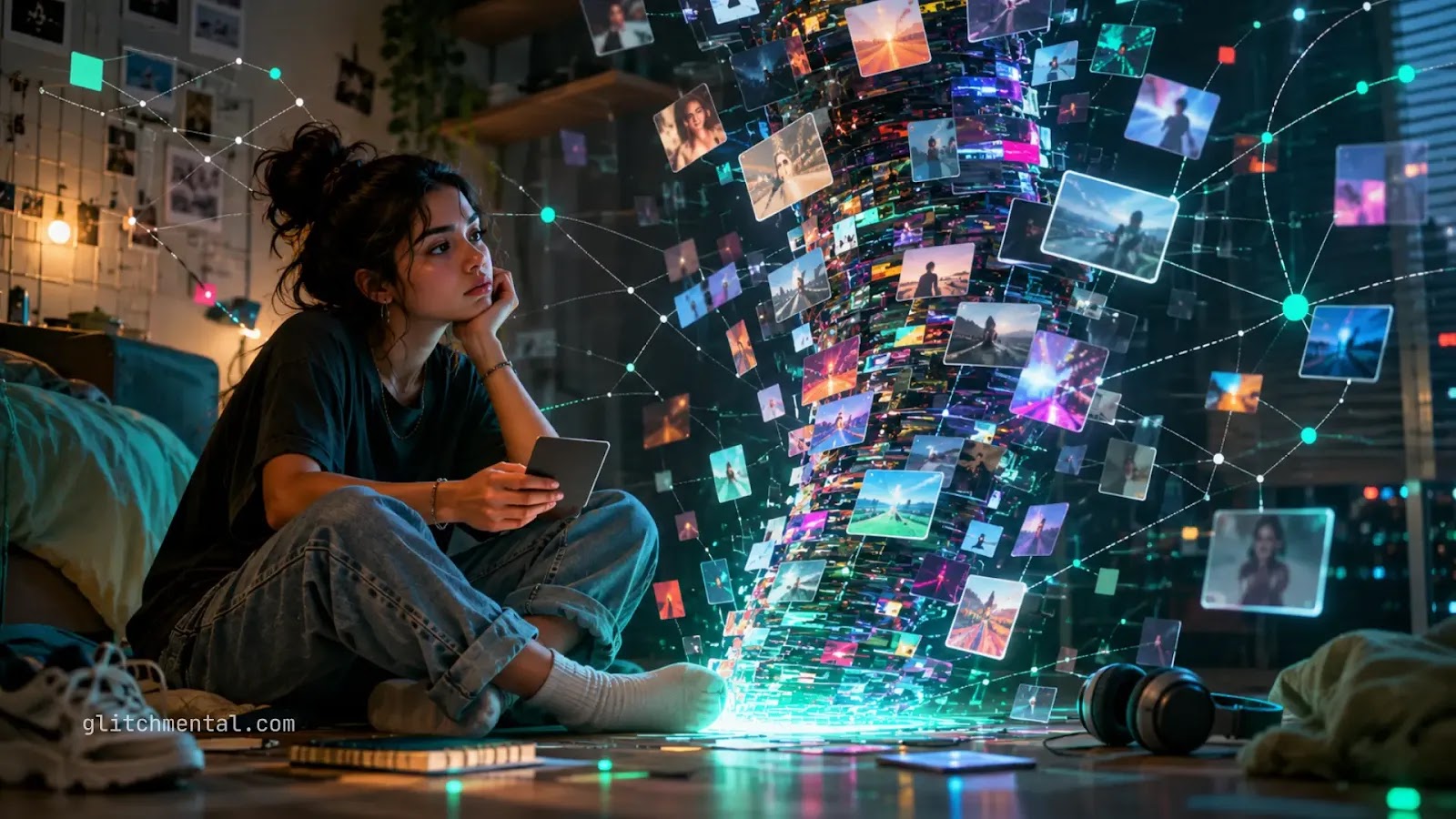 Gen Z en 2026: joven con smartphone frente a torrente de contenidos conectados en redes sociales