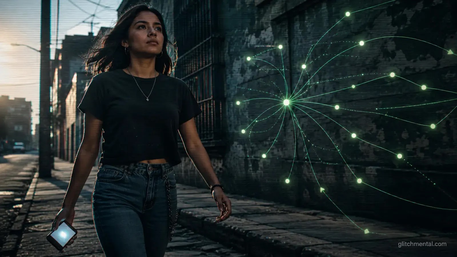 Gen Z México activismo: mujer joven caminando con smartphone en mano, red de activación digital en segundo plano urbano