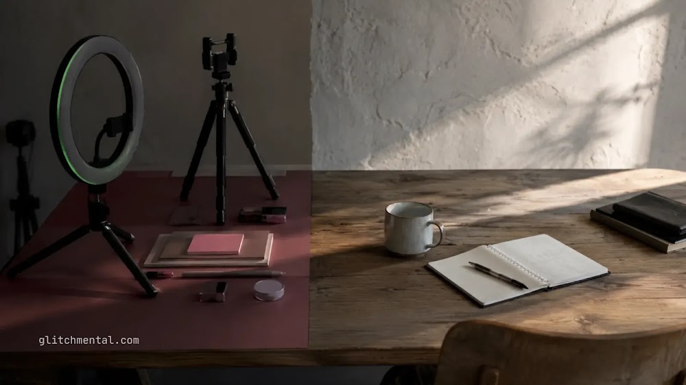 Gen Z está rechazando cultura de influencers: aro de luz y trípode junto a libreta en escritorio