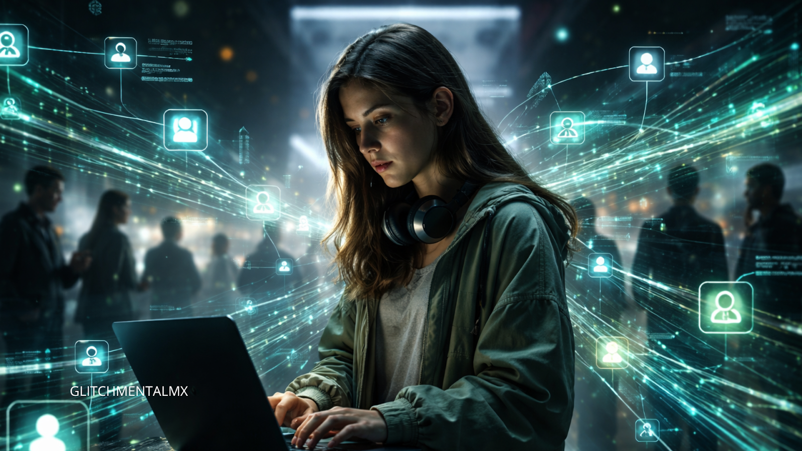 Gen Z IA trabajo: joven usando laptop rodeada de conexiones digitales y nodos de usuarios