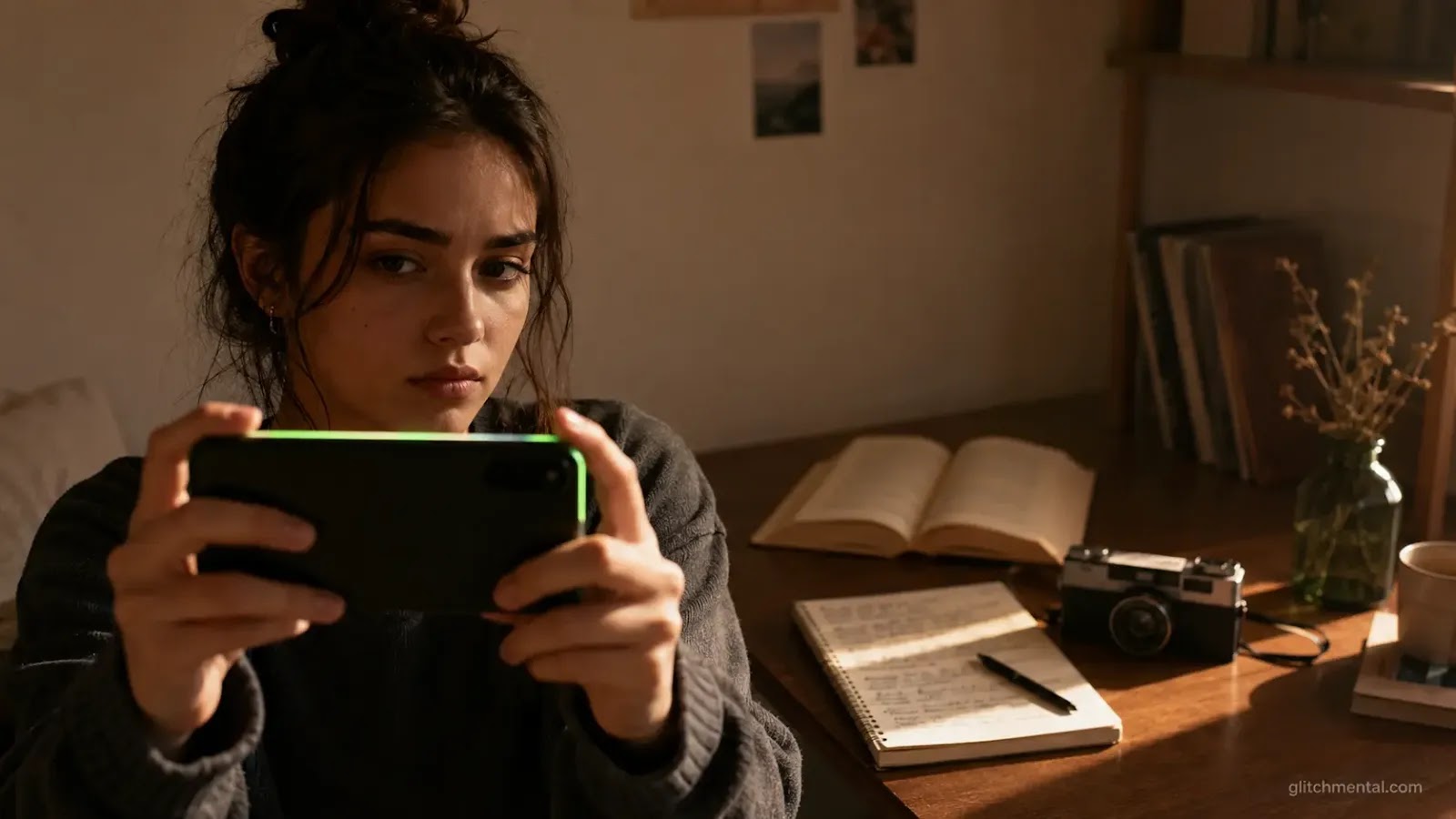 Gen Z desconexión TikTok: mujer joven grabándose con smartphone frente a escenario analógico con cuaderno y cámara desechable