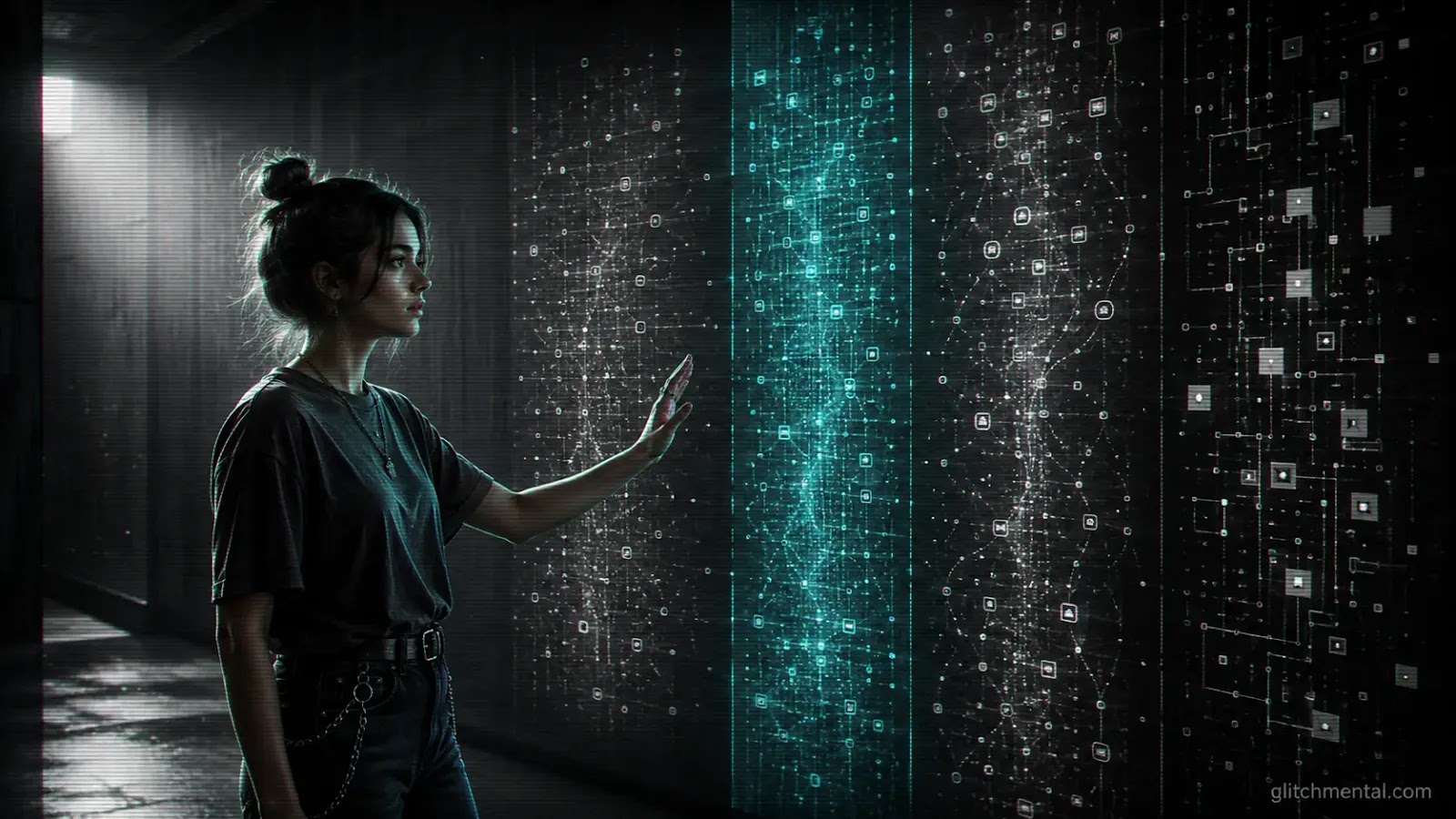Generaciones y algoritmos: figura femenina ante cuatro columnas de flujo algorítmico diferenciado, iluminación lateral cian